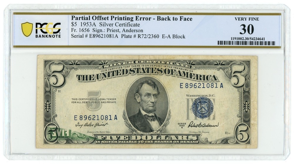 1953A $1 Silver Certificate Offset Printing Error Back to Face PCGS VF 30
