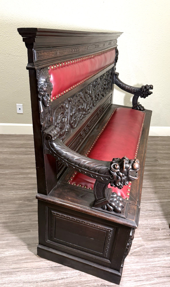 French Antique Renaissance Carved Walnut Bench w/ Storage
