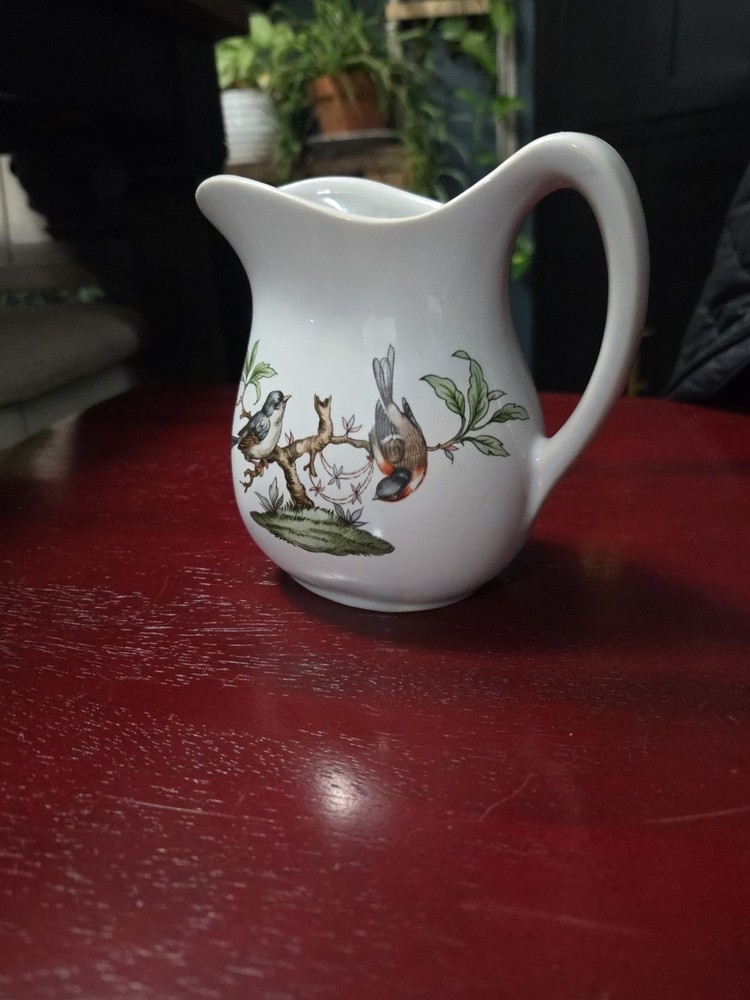 vintage pitcher white with birds 5 in tall