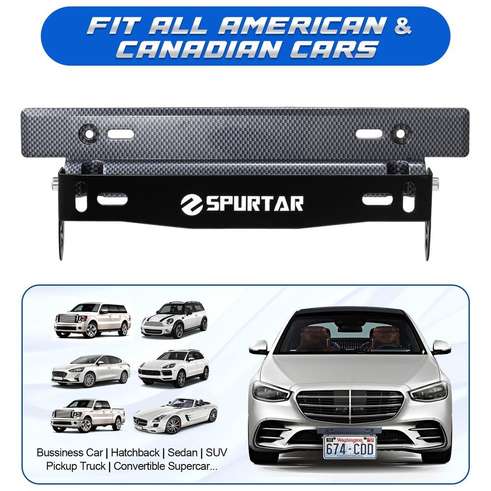 Spurtar License Plate Frames, Adjustable Front Car Holder Black