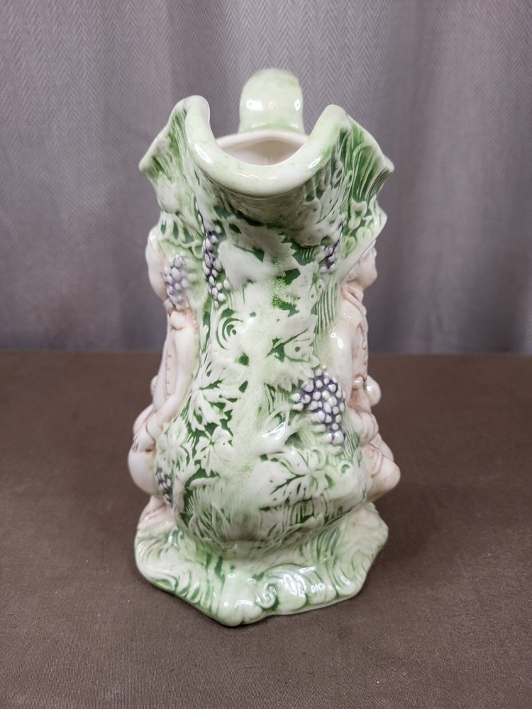 Vintage Ceramic Pitcher w Raised Figures & Grape Vines Artist Signed & Dated
