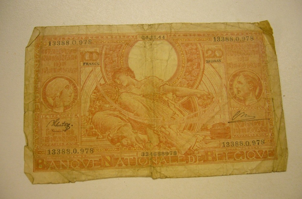 1944 BELGIUM, 100 FRANCS Banknote