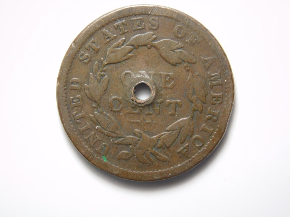 OLD US COIN 1838 CORONET HEAD HOLED LARGE CENT