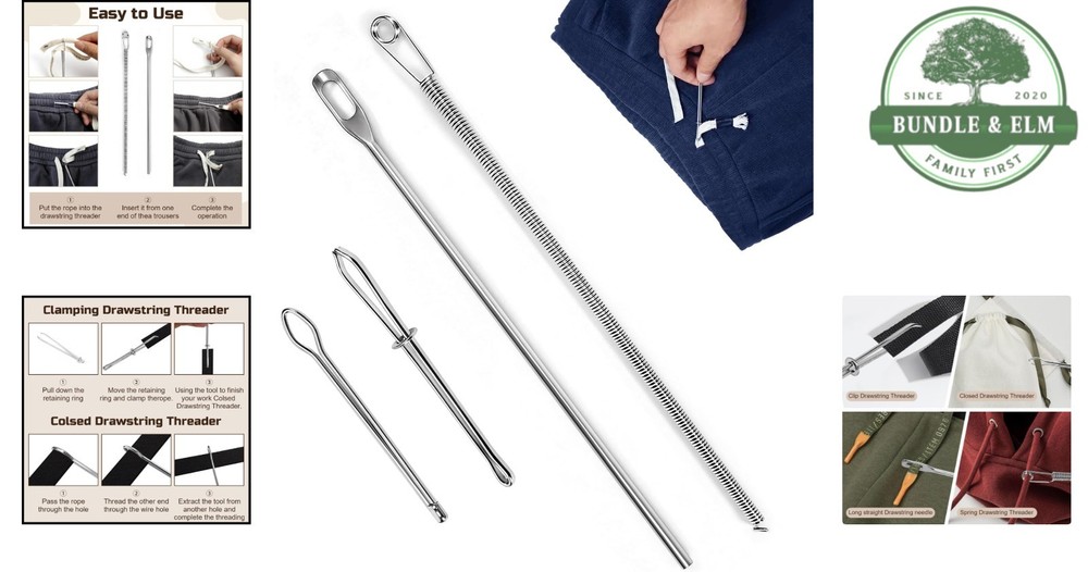 4-Piece Drawstring Threader Tool Kit with Spring-Loaded Tweezers & Pins
