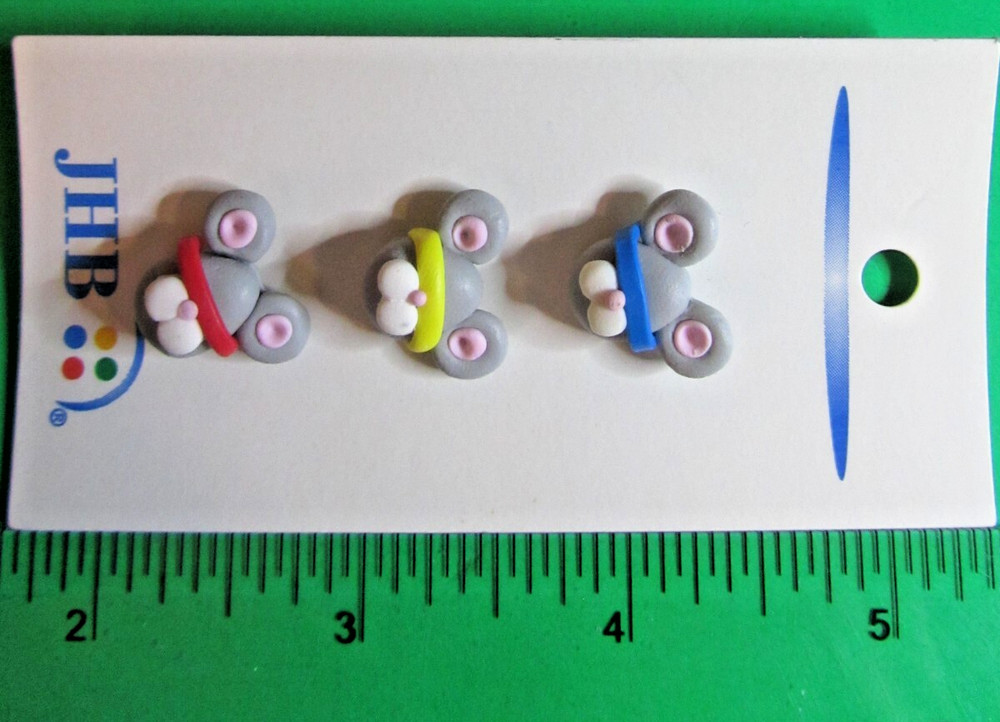(3) JHB THREE BLINDFOLDED MICE POLYMER CLAY SHANK NOVELTY CRAFT BUTTONS-E548