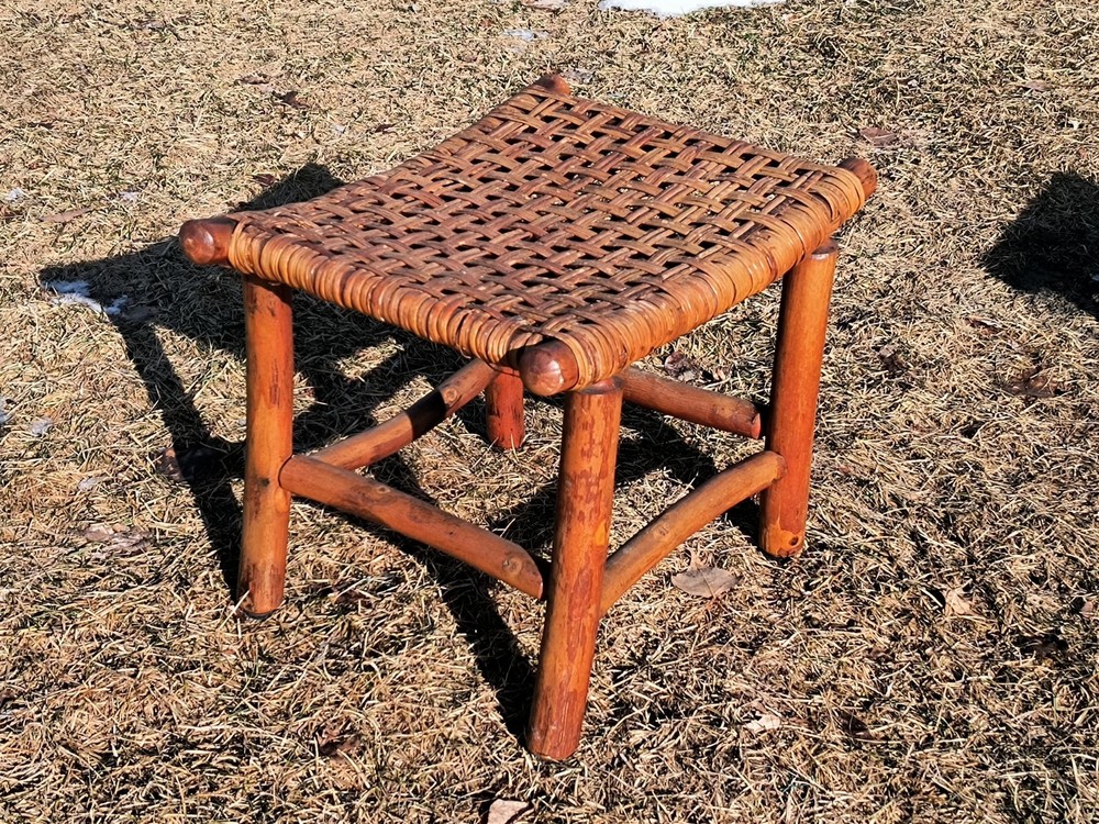 Antique signed Old hickory classic woven Adirondack rustic footstool bench