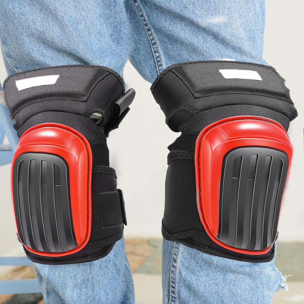 Pair Adjustable Strap Top Knee Pad Red 600D Polyester Mesh Hard Shell Protection