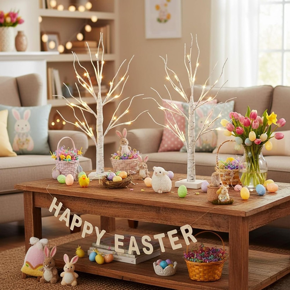 Lighted Birch Tree Easter Decorations 2FT White Mini Trees with 24 LED Lights