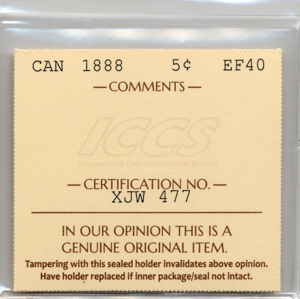 1888 Canada 5 Cent - ICCS EF 40