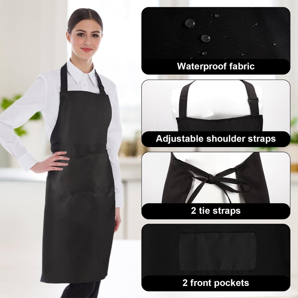 12Pcs Bib Aprons Bulk,Adjustable Black Apron with 2 Pocket,Waterproof Kitchen...