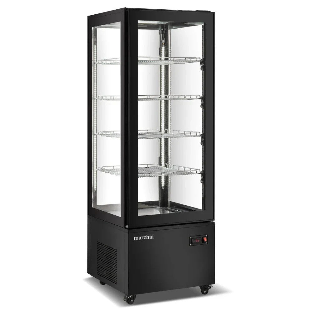 Vertical Standing Refrigerated Bakery Display, 4 Sides Glass, Black