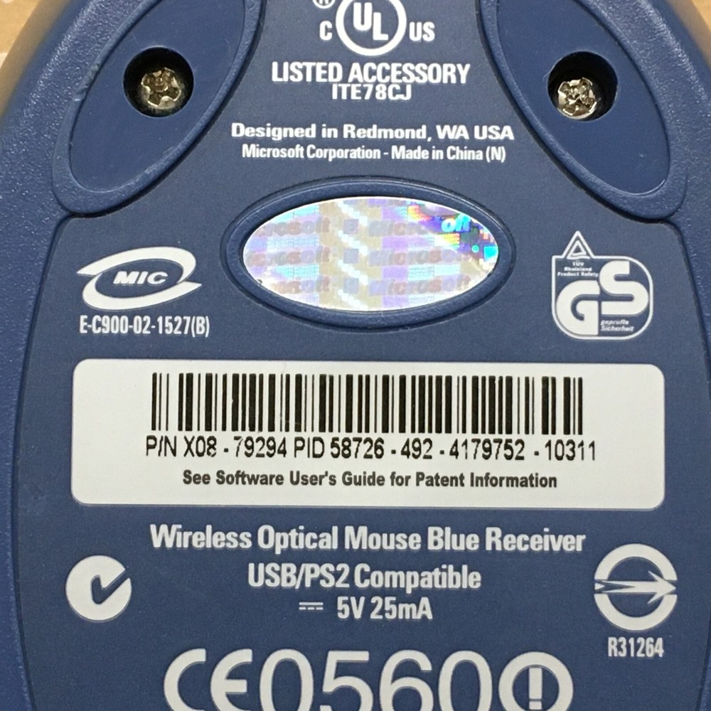 Microsoft Wireless Optical Mouse Blue USB Receiver ONLY X08-79294 - TESTED