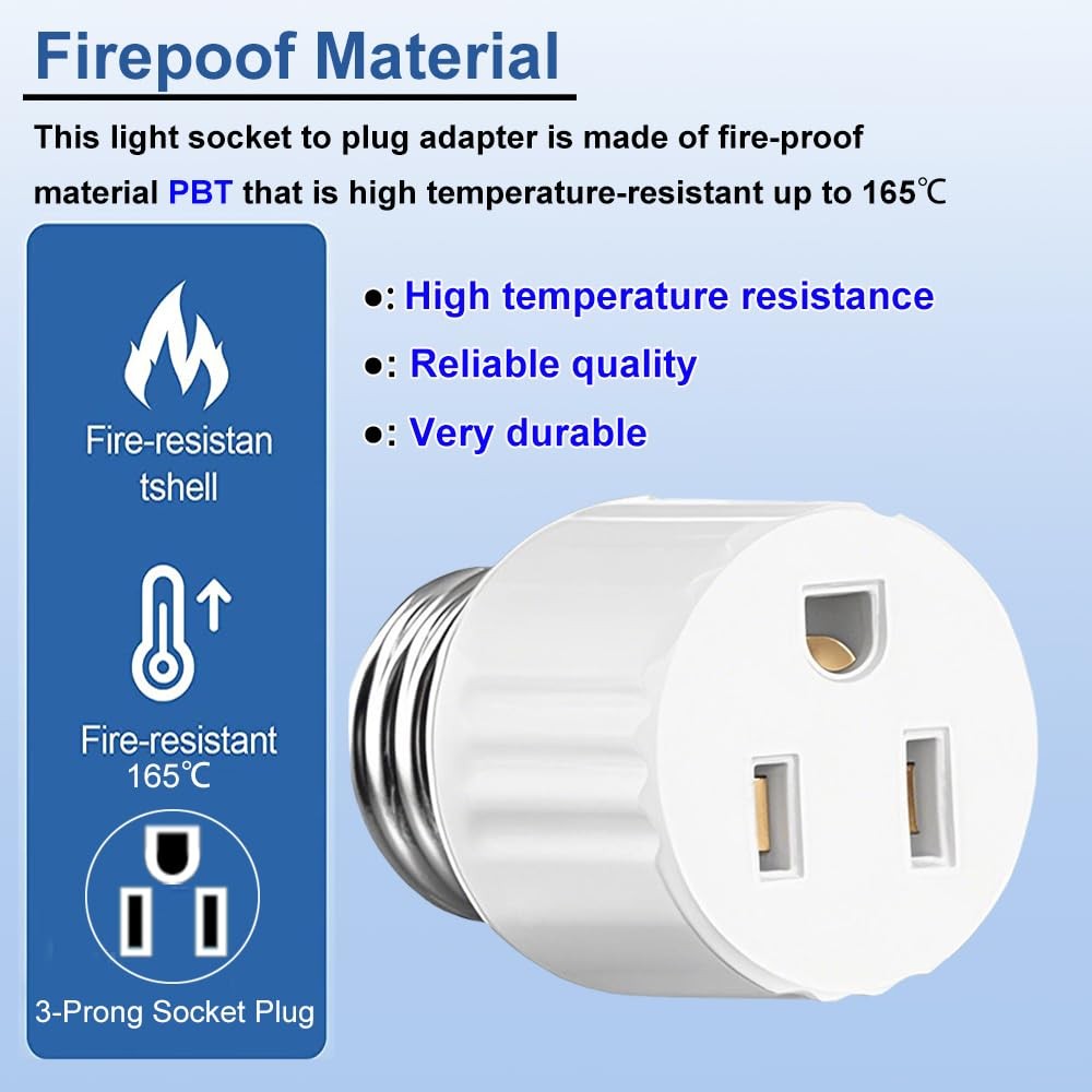 3 Packs Light Socket Plug Adapter,3 Prong Light Socket to Plug Adapter,E26 Light