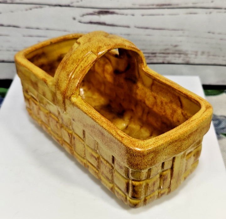 Vintage Golden Brown Painted Ceramic Rectangular Basket Shaped Planter
