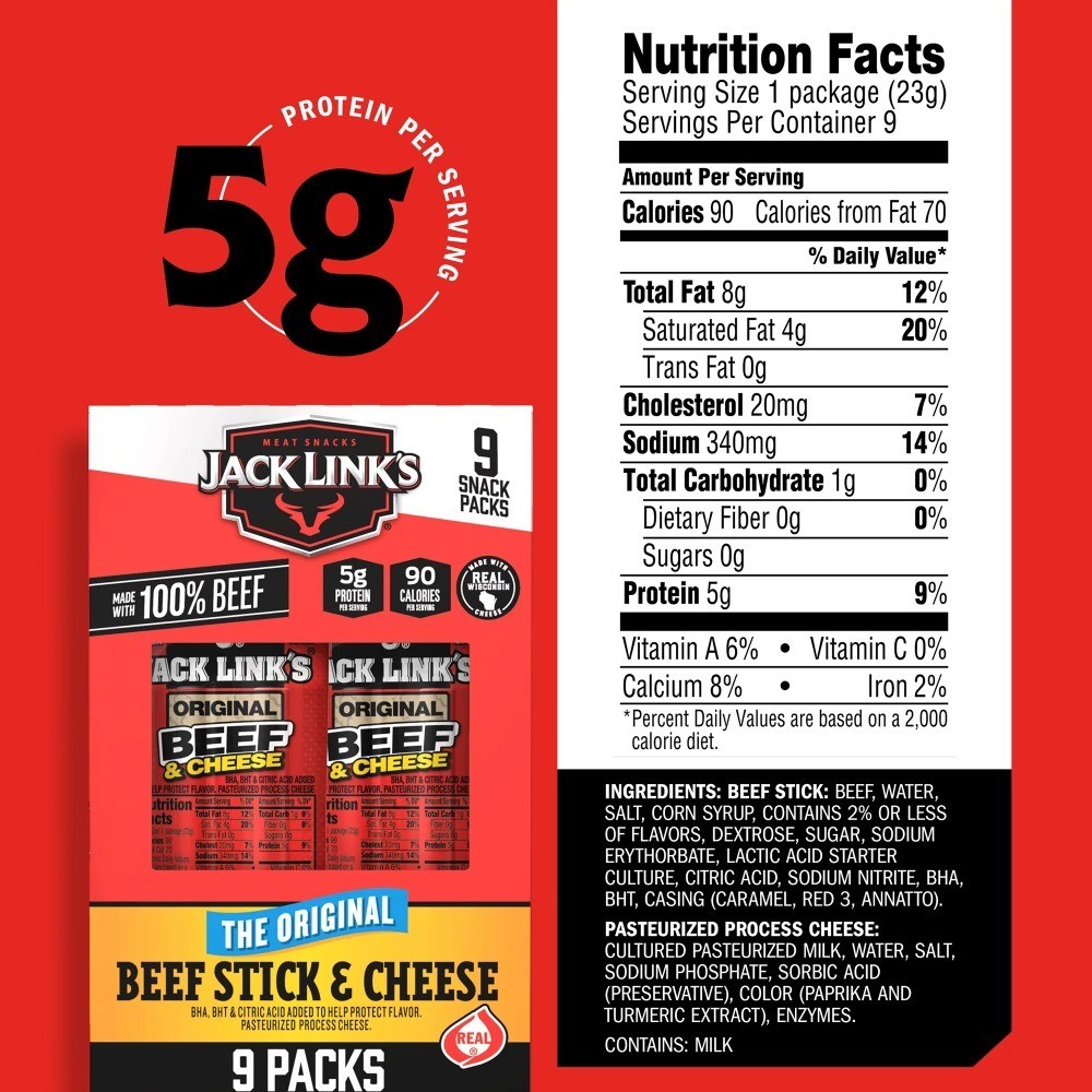 Beef and Cheese Snack Sticks 9 Pack Original Flavor
