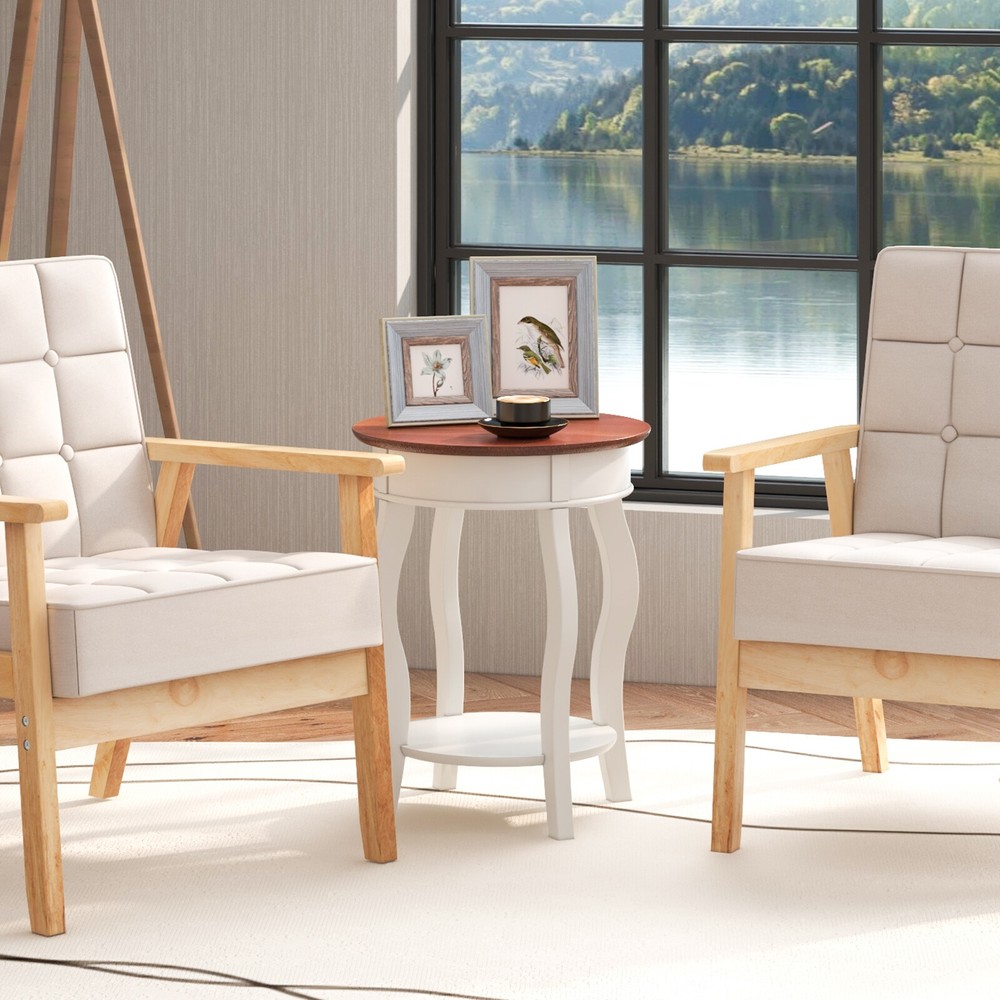 2-Tier Round End Table 17.5" Sofa Side Table with Storage Shelf White & Walnut