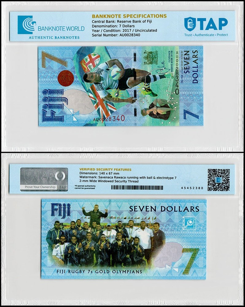 Fiji 7 Dollars, 2016 (2017 ND), P-120, UNC, Commemorative, TAP Authenticated