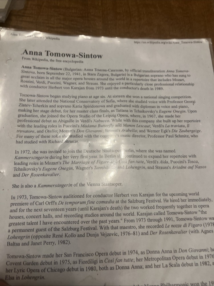 Anna Tomowa- Sintow Autograph