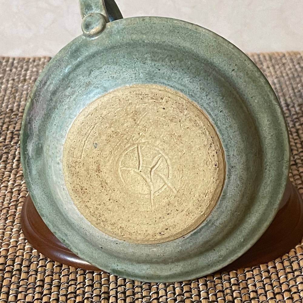 Handmade Studio Pottery Finger Ring Candle Holder With Handle Artist Signed