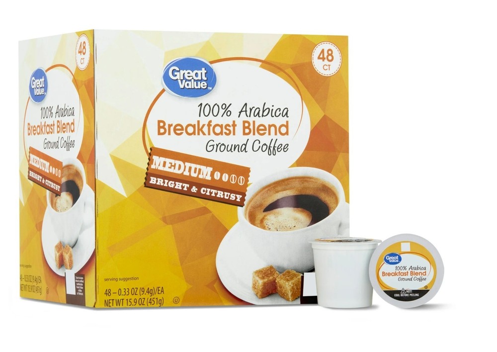 Great Value 100% Arabica Breakfast Blend Medium Roast Ground Coffee Pods, 48 Ct