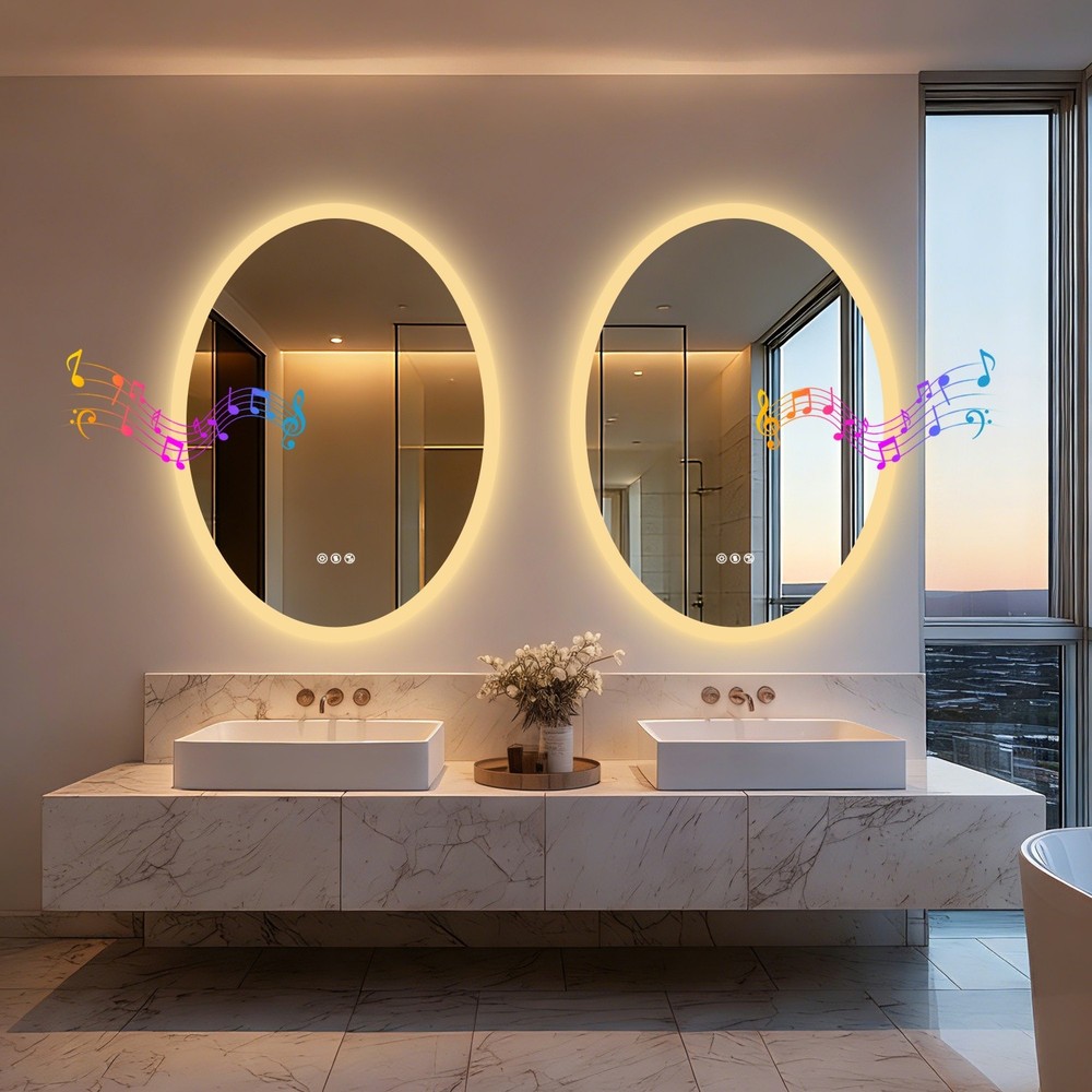 Oval LED Bathroom Bluetooth Mirror Touch Antifog Memory 3 Color Light Adjustable
