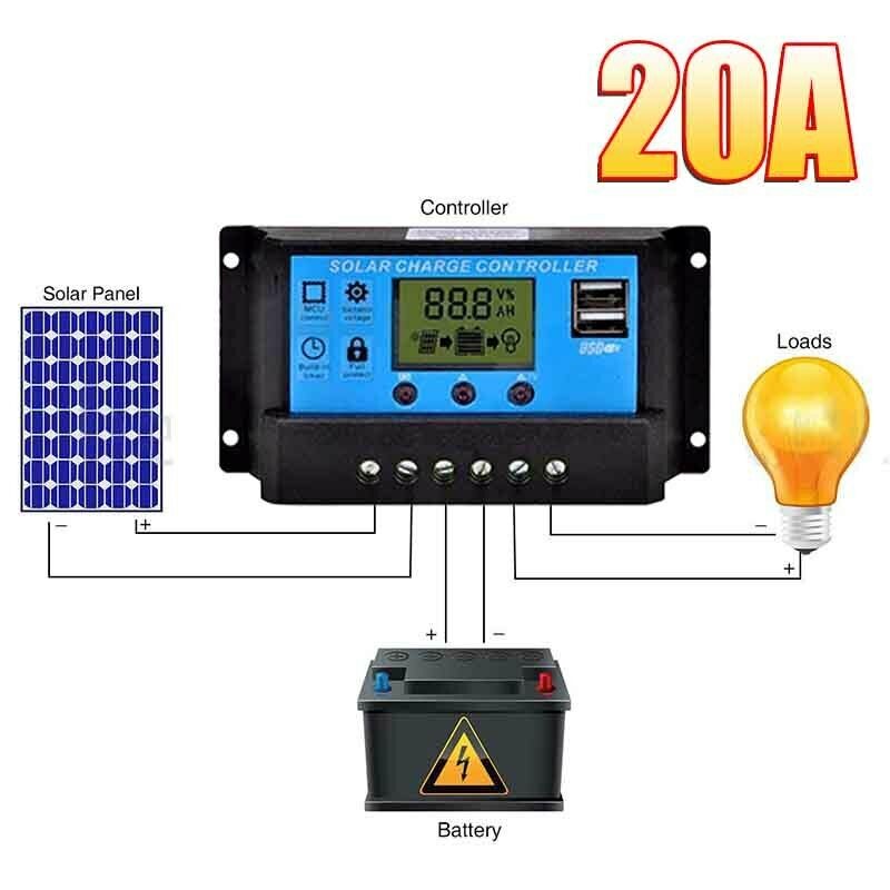 20A LCD Solar Panel Battery Regulator Charge Controller Dual USB Port 12V/24V