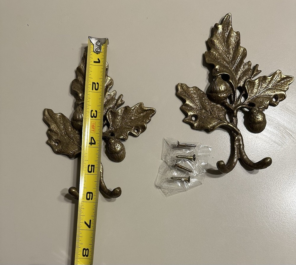Vintage Pair Solid Brass Double Hanger Hooks Leaves & Acorns Decorative Hardware
