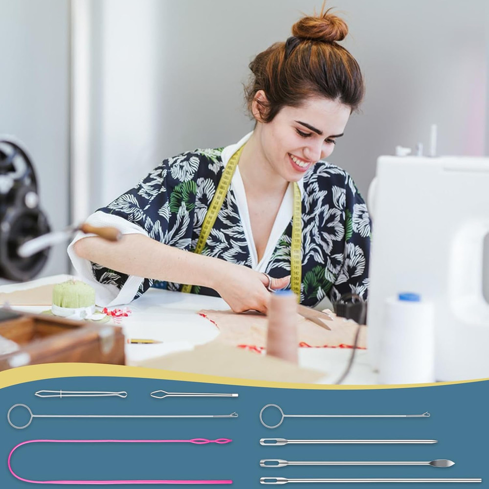 Drawstring Threader Tool Set, Stainless Steel Sewing Loop Turner Hooks with Latc