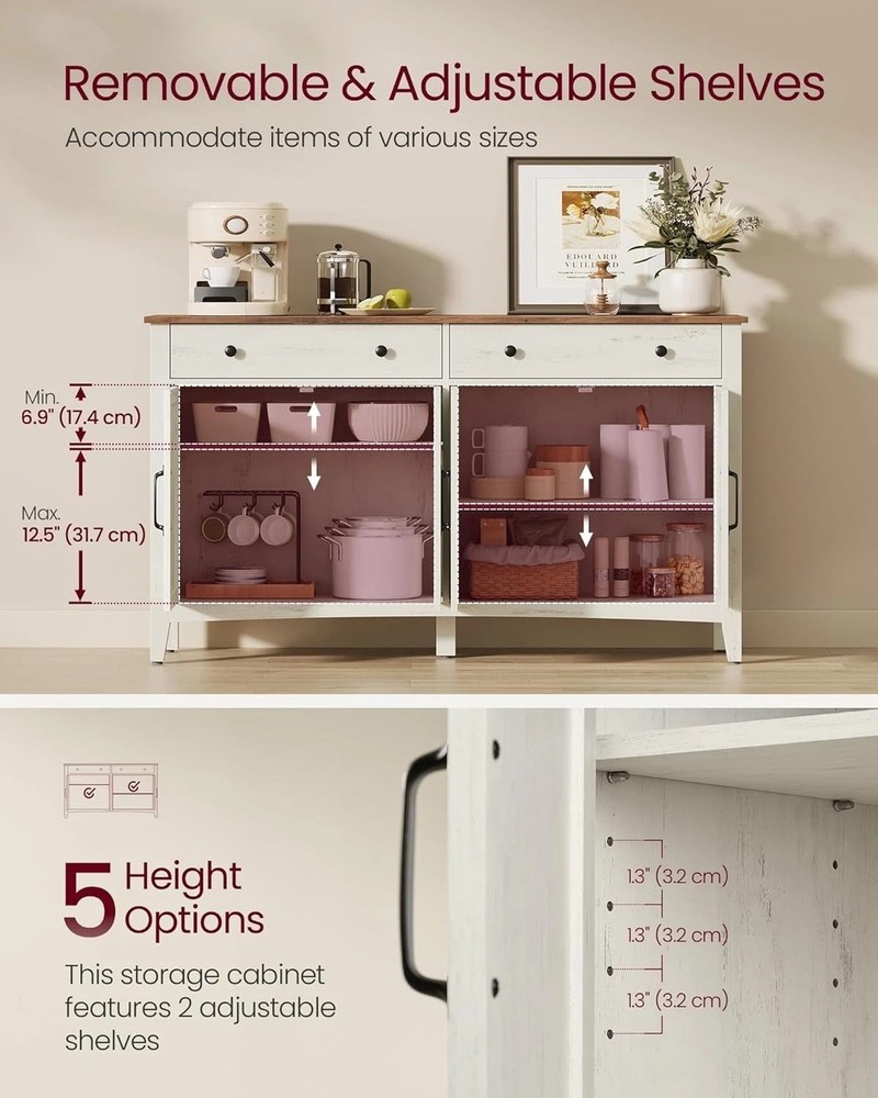 LIRY Rustic White & Honey Brown Buffet Cabinet - 2 Drawers & Adjustable Shelves