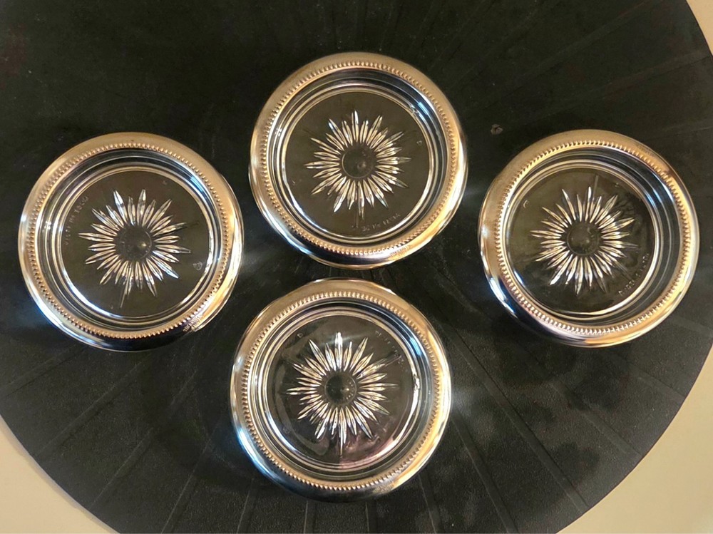 Vintage Silver Plate Coasters With Starburst Pattern MCM