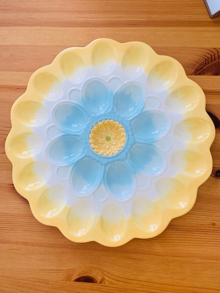 Decorative Ceramic Easter Egg Plate for 24 eggs, light blue, yellow, white
