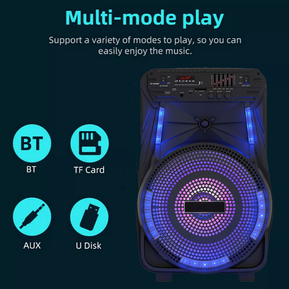 12" Portable Bluetooth Speaker 5-Band Equalizer DJ Party Speaker System W/Mic