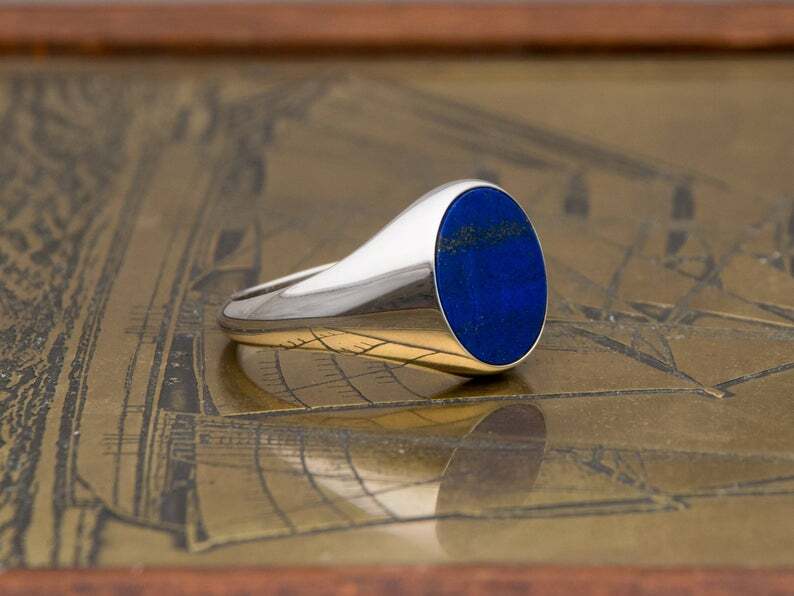 Solid 925 Sterling Silver Natural Flat Lapis Lazuli Gemstone Signet Men's Ring