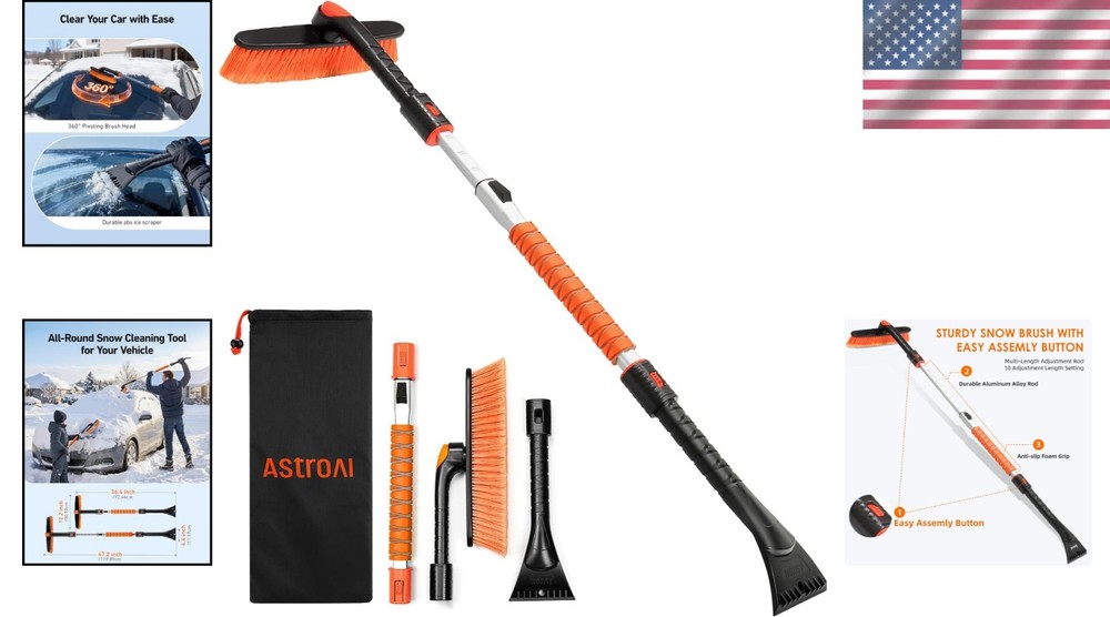 Multi-Function Ice Scraper and Snow Brush – 47.2” Adjustable Tool in Orange