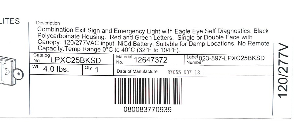 Sure Lites LPXC25BKSD LED Emergency Light Exit Sign Combo Self-Diagnostics Black