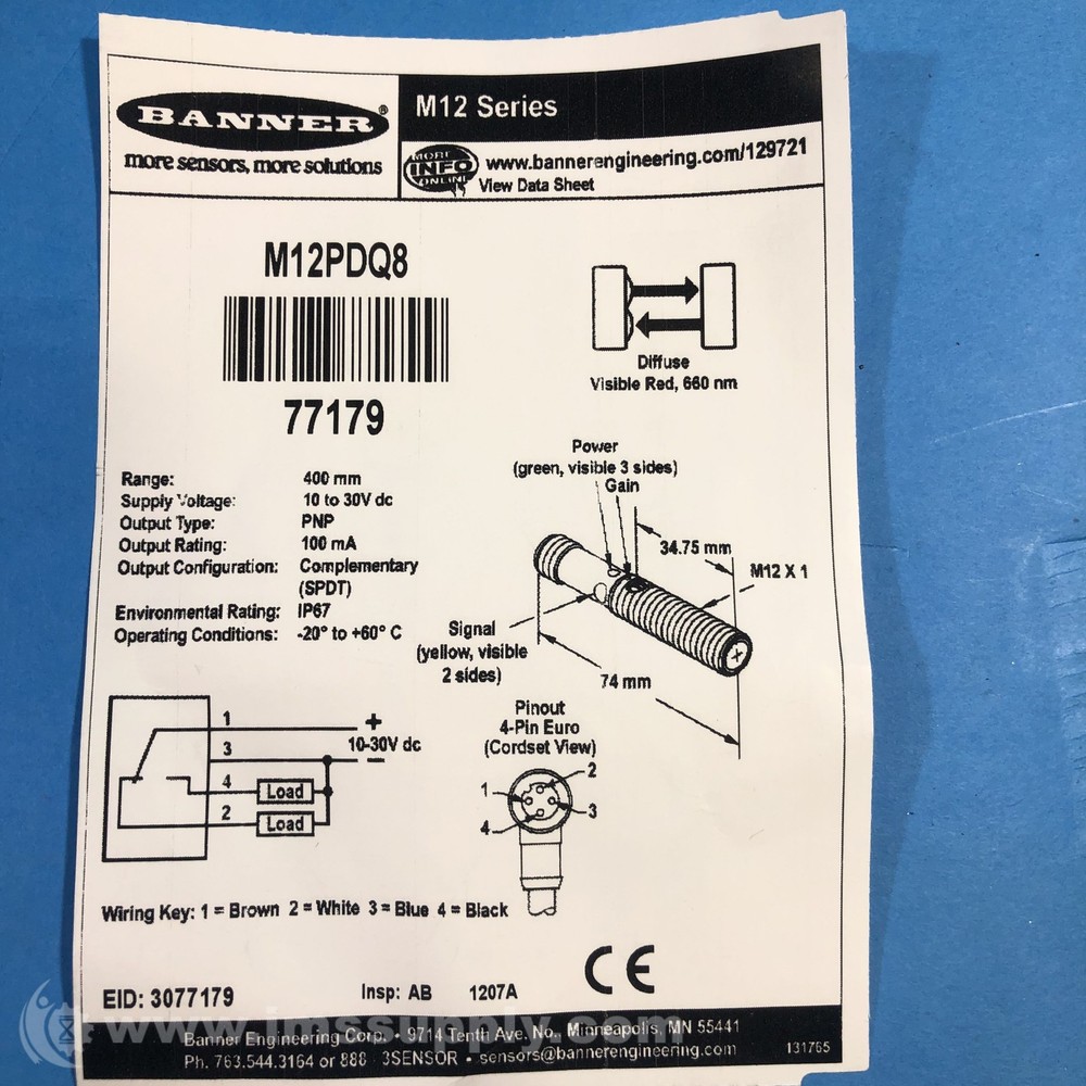 Banner Engineering Corp. M12PDQ8 Barrel-Mount Sensor FNFP