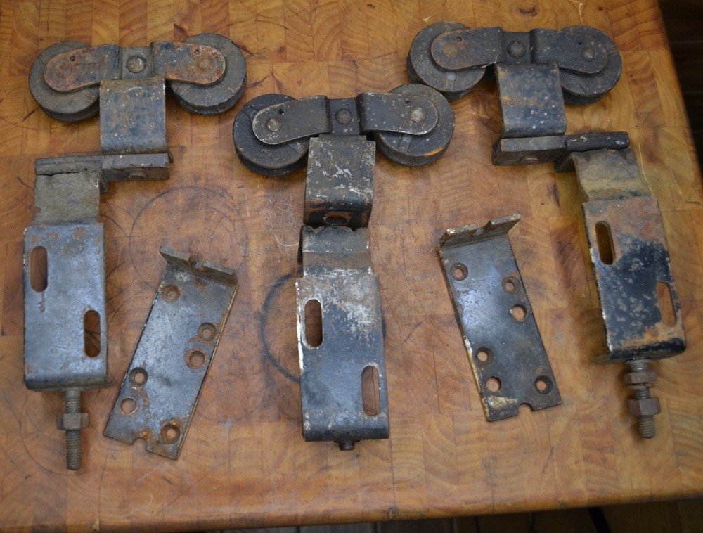 3 Antique McKinney Barn Door Trolley Rollers Double-Wheel Hardware Rusty As-Is