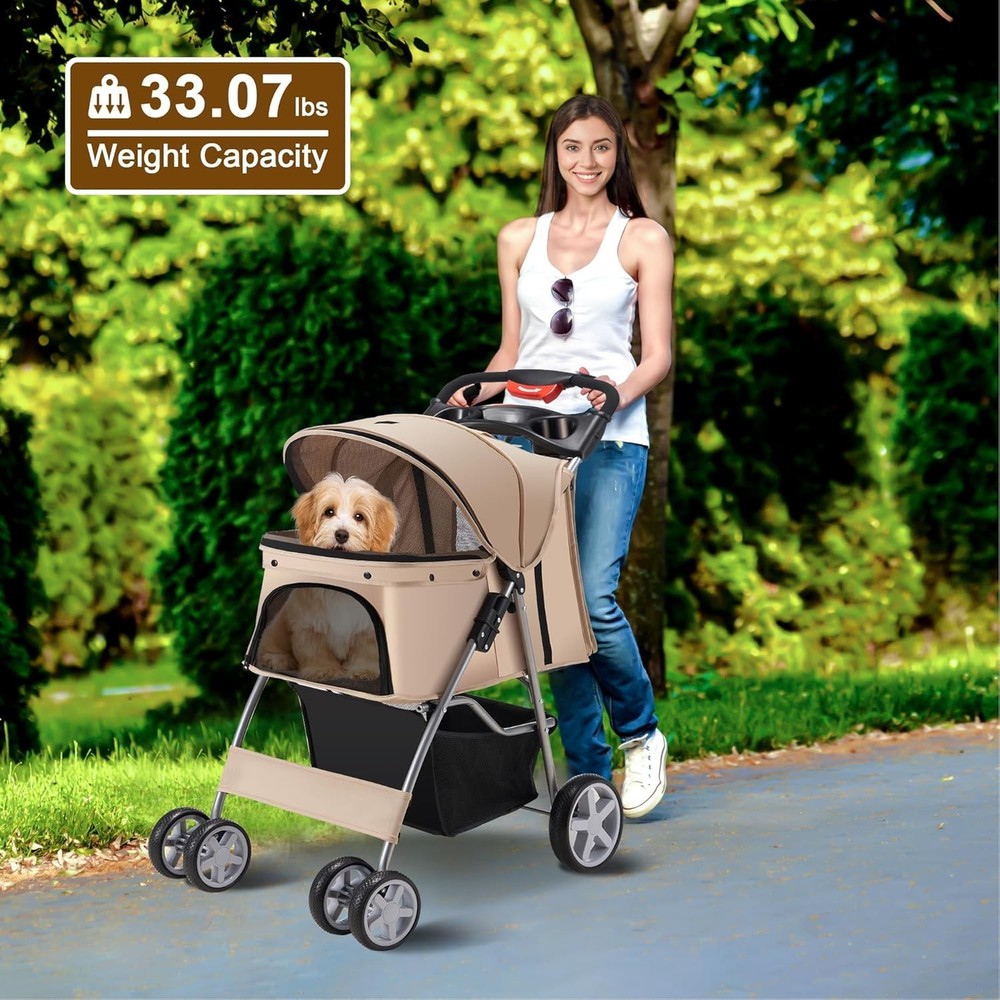 Foldable Pet Stroller 4 Wheels Strolling Cart for Medium/Small Dogs Cats