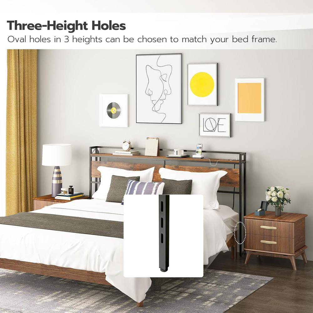 King Size Headboard, Headboard with 2 Outlets and 4 USB Ports, Adjustable Height