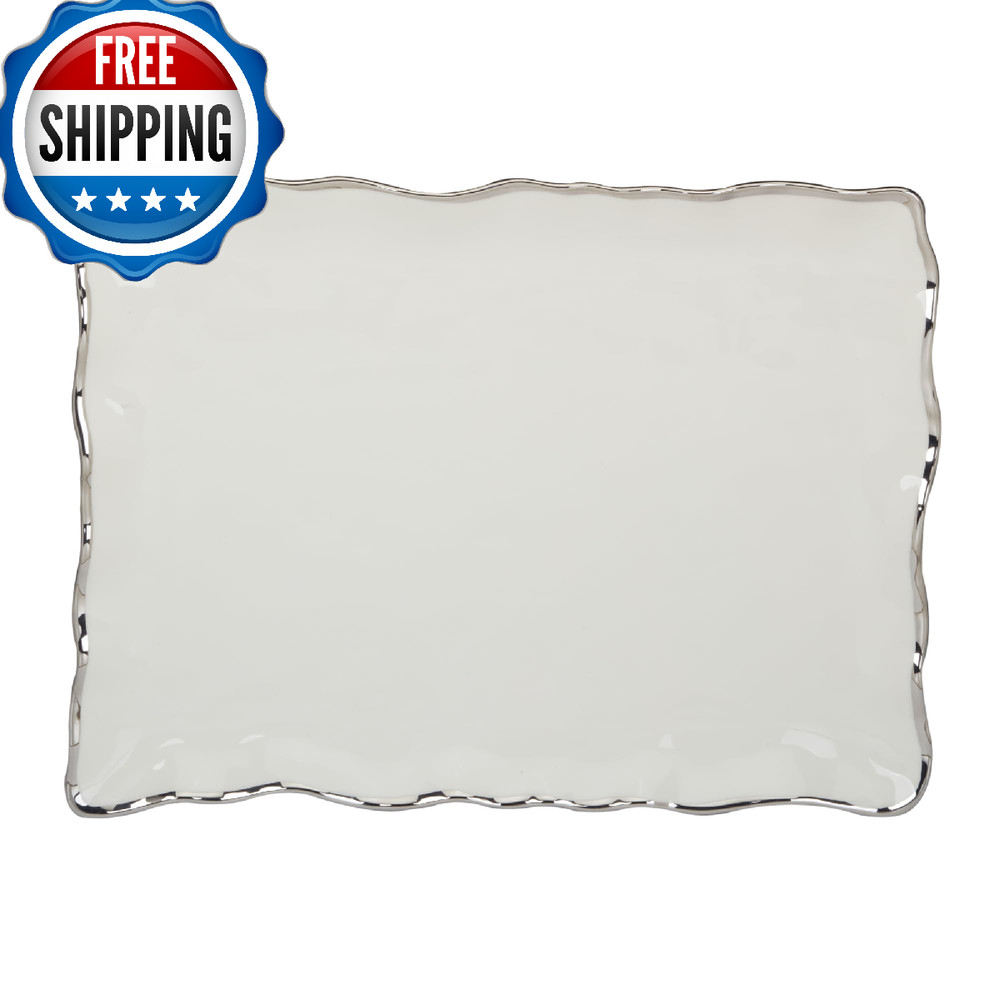 Regency Silver Porcelain Rectangular Platter Scalloped Edges Metallic