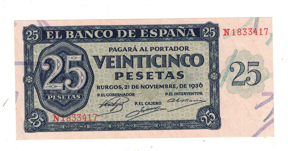 SPAIN 1937 25 PESETAS aUNC