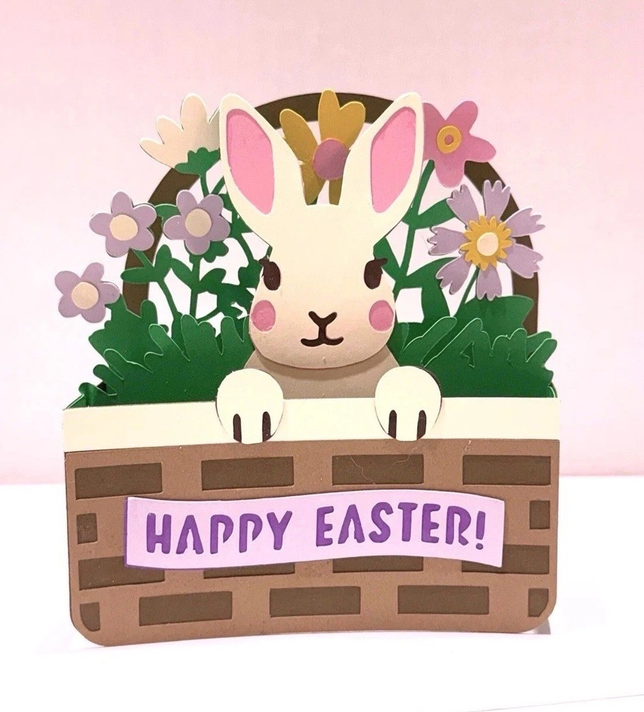 Handmade Easter Pop Up Card 3D Bunny Basket Happy Easter W/ Envelope