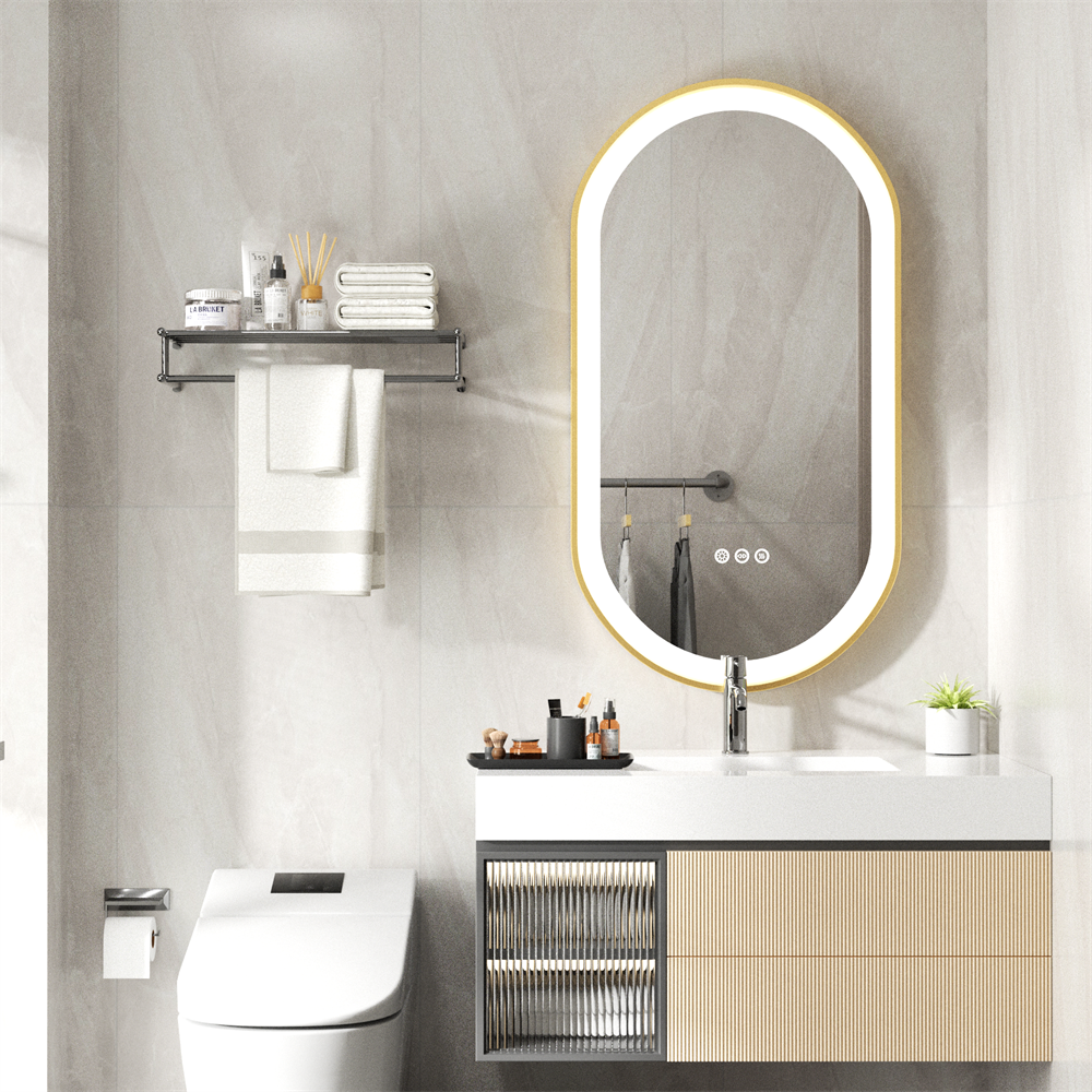 Oval LED Bathroom Mirror Gold Metal Frame Vanity Mirrors Dimmable 3 Touch Switch
