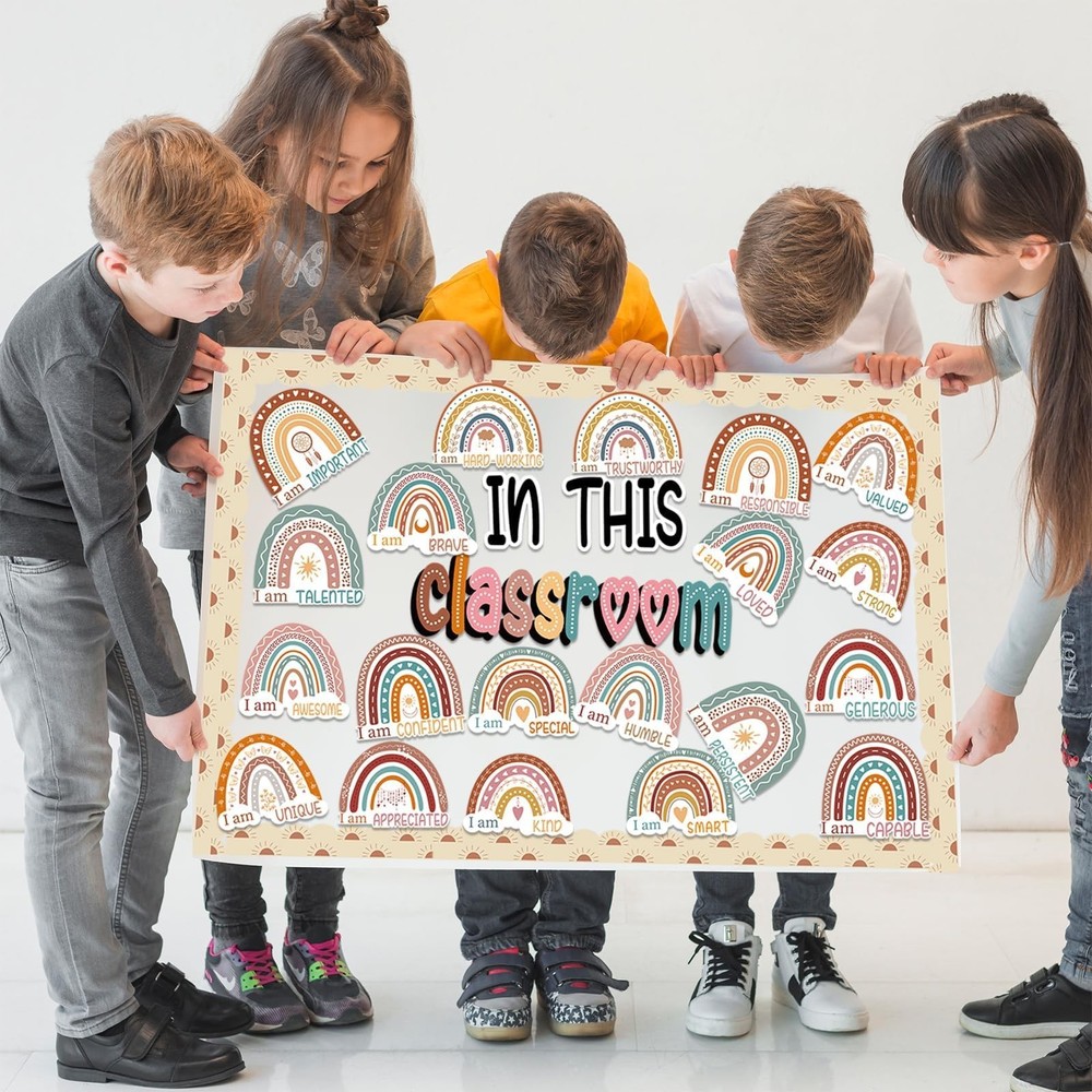 Bulletin Board Decorations, Boho Classroom Decor Set, 43 Pack Boho Rainbow Mo...