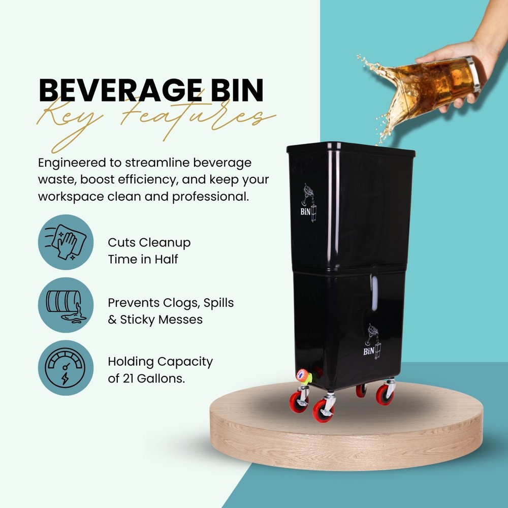 Black Drink Dump Bin w/ Wheels – Dual Compartment Liquid & Trash Disposal