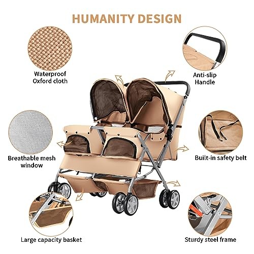 Double Pet Stroller, Foldable Stroller for 2 Dogs & Cats, Two-Seater Beige