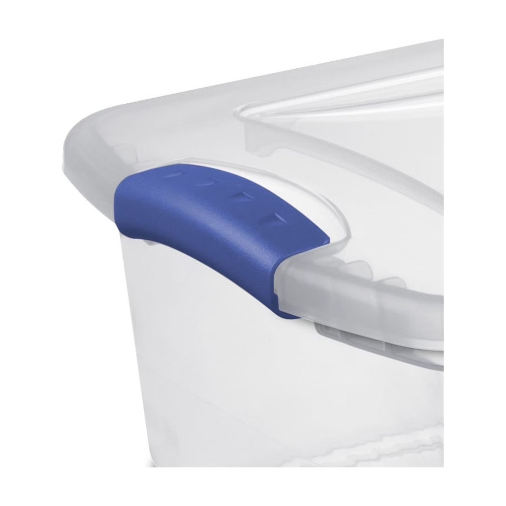 Sterilite 15-quart small lockable storage box, clear plastic storage box, blue.