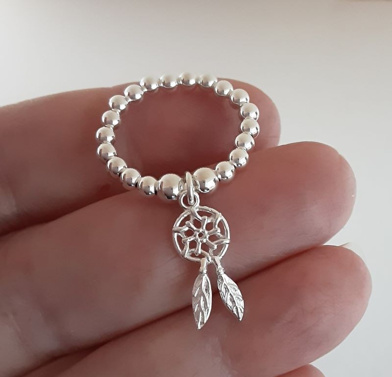 Dreamcatcher Charm Sterling Silver Beaded Stretch Ring All Size's