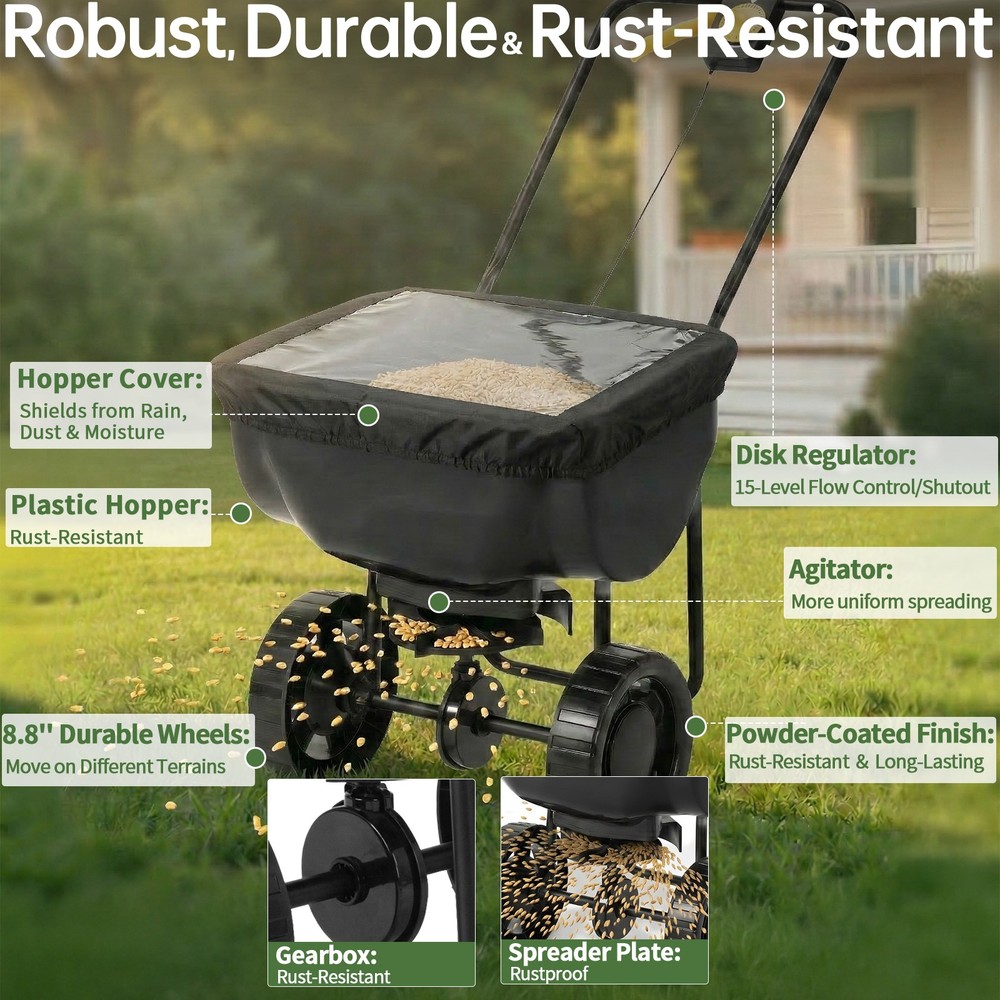 Broadcast Spreader,70LBS Capacity, Walk-Behind Push Spreader with Hopper Grate