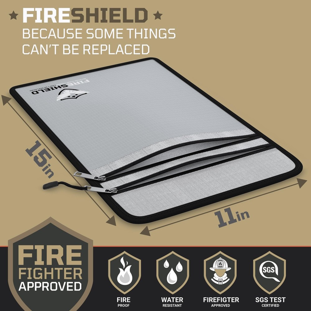 FIRESHIELD PRO Upgraded 2000°F Fireproof Document Bag w/ Large, Matte Silver